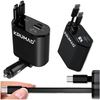 Collage of a black car charger with USB-C and Lightning cables, and a close-up of a USB-C cable.
