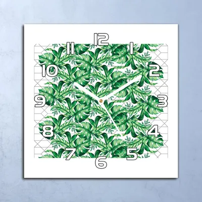 Produktbild von Deko Glasuhr Wanduhr 30x30 Exotische Blätter Quarz Küchenuhr Bürouhr