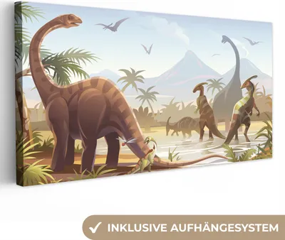 Obrázok produktu pre MuchoWow® - Obraz na plátne - Dinosaurus - Krajina - Tropická - Deti - Chlapci, nástenný obraz, nástenné dekorácie, obrázky do obývačky, 40x20cm