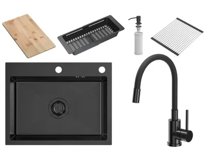 Obrázek produktu pro VBChome Nerezový dřez s baterií 58 x 45 cm černý Sada příslušenství Dávkovač Krájecí deska Rolovací podložka Skládací odkapávací stojan Sifonová baterie PVD černá