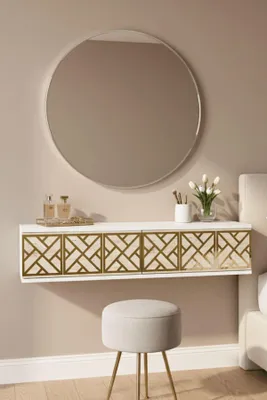 Produktbild von Skye Decor, Hochwertiger Dresser (120 cm) mit Spiegelakzenten, Weiß & Travertin