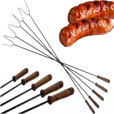 Produktbild von Lagerfeuerspieß 100cm mit Holzgriff | 5 Stück SET | Grillspieße Lagerfeuer Stock Grill Metall Hochwertige mit zwei Zinken Lagerfeuerspieße Grillgabel