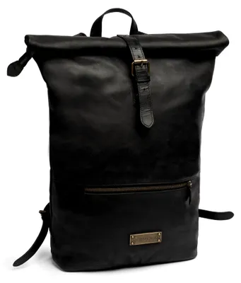 Produktbild von Leder Roll-Top Rucksack 'Ryan' 16" Laptopfach, Damen, Herren, Vintage-Tagesrucksack, groß, bis 25L - Schwarz, DR00368