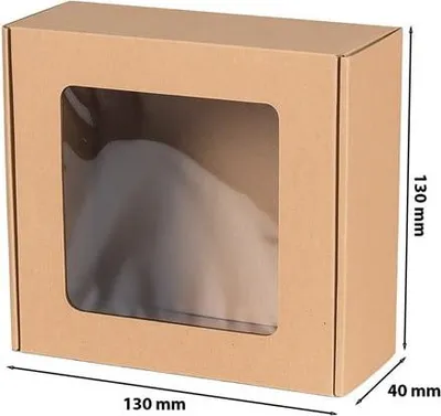 A brown cardboard box with a clear plastic window, showing a white object inside. Dimensions are indicated.