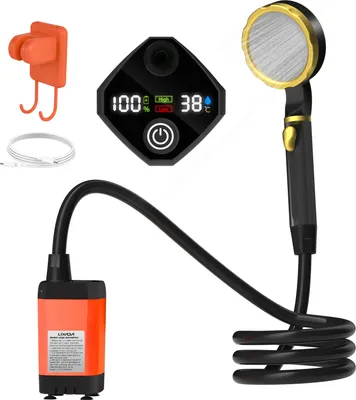 Obrázek produktu pro Přenosné kempingové sprchové čerpadlo, venkovní sprchová souprava pro obytné vozy, inteligentní digitální displej, 7800 mAh, oranžová (se sprchovou hlavicí, černý hák)