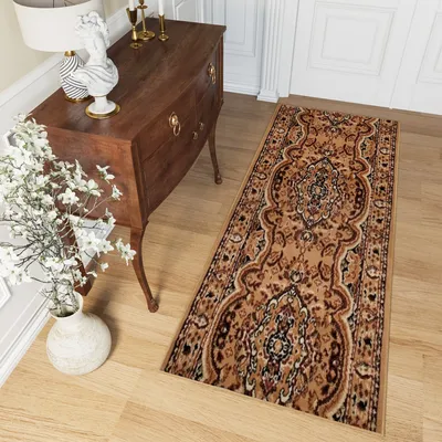 Image de Tapis Tapiso, modèle "Läufer", idéal pour les couloirs, les salons ou les chambres, à poils courts, design moderne, couleur beige foncé, dimensions 90 x 100 cm