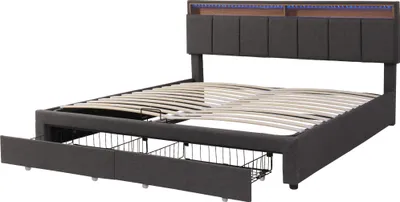 Produktbild von okwish Polsterbett Doppelbett 160×200cm mit LED-Beleuchtung,Jugendbett mit Verstaubares Kopfteil& Bettkasten und Staufächer，Grau-Ohne Matratze