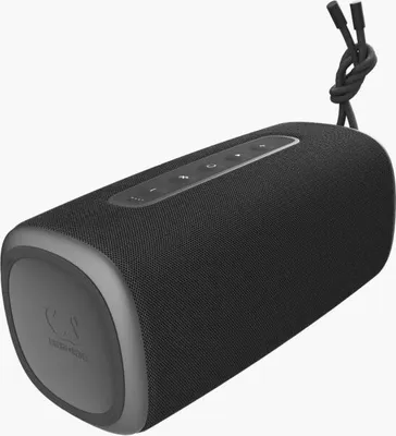 A studio shot of a black portable speaker.