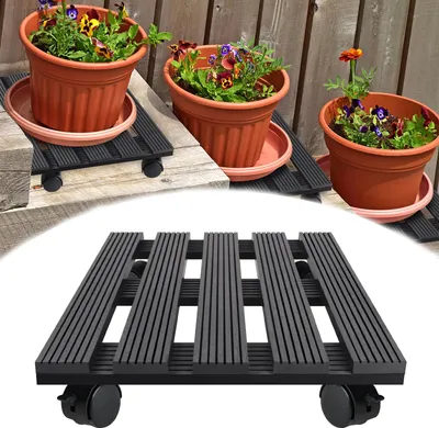 Image de JOIEYOU Rouleau pour plantes Carré 2X Planche à roulettes Plantes WPC Rouleau pour fleurs 30cm Soucoupe pour pot de fleurs avec roulettes Extérieur MAX. 100KG, Gris foncé