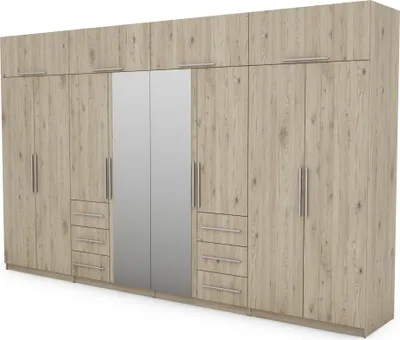 Zdjęcie produktu dla Meblast | Szafa 360x220 cm z 2 lustrami - Dąb Bordeaux - Szafa z półkami, szufladami i drążkiem na ubrania | Naturalny styl