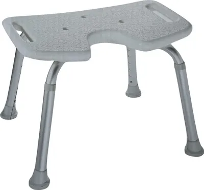A white background with a gray shower stool.