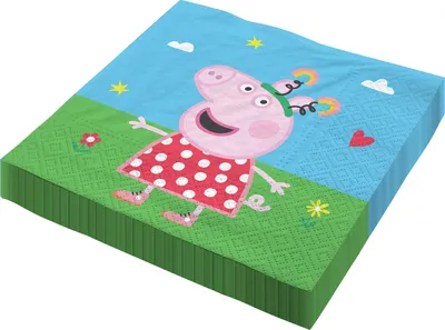 A stack of Peppa Pig themed paper napkins with a cartoon image of Peppa Pig on the top napkin.
