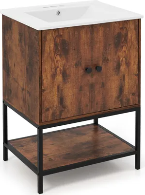 A rustic brown bathroom vanity with a white ceramic sink and a black metal frame, shown against a white background.