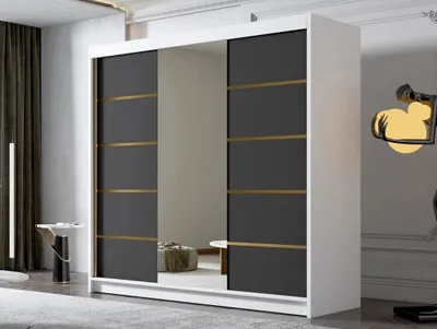 Produktbild von MIRJAN24 Schiebetürenschrank mit Spiegel Amber VI, Kleiderschrank mit Kleiderstange, mit drei Schwebetüren, Garderobe (Farbe: Weiß / Schwarz)