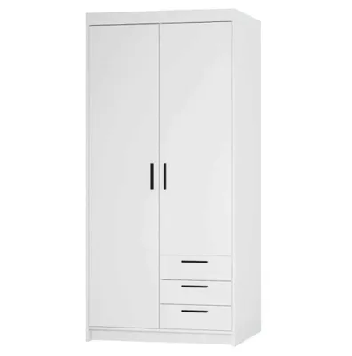 Produktbild von Drehtürenschrank ELENA 2D Weiß mit schwarze Griffe - Kleiderschrank 90 cm mit 3 Schubladen und glatten 2 Türen