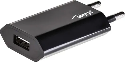 A black USB wall charger with two silver prongs.