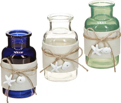 Produktbild von Maritime Flaschenvasen Set Blau Grün Weiß Filz Blumen 12,5cm 3er, 3 Stück