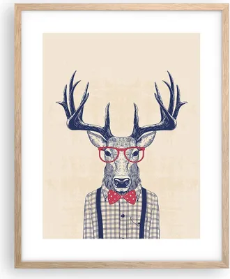 Produktbild von Gerahmtes Poster - Rahmen in heller Eiche - Charakter Hirsch Illustration hipster - 40x50 cm - Wand Bild - Wanddeko - Wandbilder - Wandposter - Bilderrahmen - Bilder - Kunstdruck - P2NPA40x50-3120