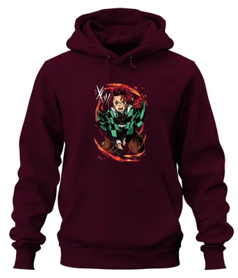 Produktbild von Tanjiro Kamado Dämonenjäger Schwert Flammen Anime Hoodie Kapuzenpullover, Burgundy, S