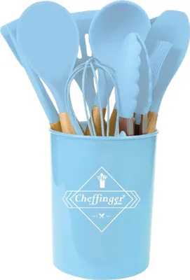 Produktbild von 12-tlg Küchenhelfer Kochbesteck Set Kochgeschirr Silikon Holzgriff Hellblau