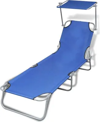Image de Chaise longue pliable avec auvent acier et tissu bleu