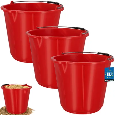Image de KOTARBAU® Lot de 3 seaux de chantier 21 L Seau à mortier Seau à outils de maçonnerie Seau à enduit avec bec verseur et poignée Seau à mortier avec graduation Ronde en plastique HDPE Rouge