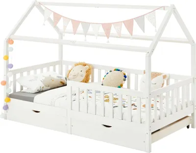 Produktbild von Hausbett NUNA aus massiver Kiefer, Montessori Bett in 90 x 200 cm mit Rausfallschutz, Spielbett mit Schubladen, modernes Kinderbett mit Dach in weiß