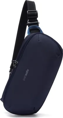 A navy blue Pacsafe Rucksack V Urban Sling bag is shown against a white background.