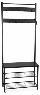 Produktbild von BEGRYF Garderobenständer mit Sitzbank 70 x 32 x 175 cm Schwarz Flurmöbel mit 9 Haken 2 Schuhablagen aus MDF und Metall