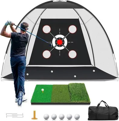 Produktbild von Unyqoos® Komplettes Golf-Trainingsset mit 10 x 7 ft Übungsnetz, 3‑in‑1 Kunstrasenmatte, 5 Golfbälle, Gummipistole & Tragetasche – für Innen & Außen, 600D Oxford