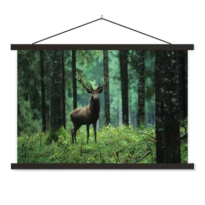 Produktbild von MuchoWow® Textilposter Hirsche - Wald - Bäume - Tiere - Natur 120x80 cm mit schwarzem Rahmen - Wanddeko