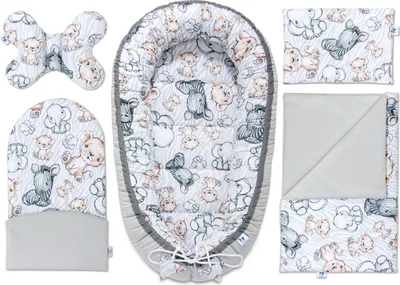 Produktbild von Pepi Babynest Kokon 5 teiliges Babynestchen Set für Babys Neugeborene Kuschelnest-Set mit Krabbeldecke Schmetterling Kissen Grey Velvet Safari
