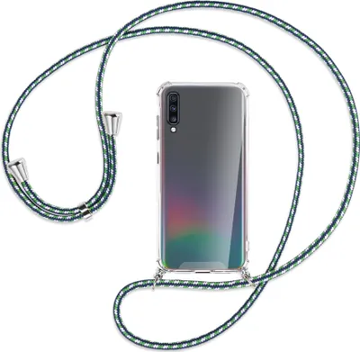 Produktbild von Handykette Backcover-Schutzhülle mit Band (Metall silberfarben) für Samsung Galaxy A70 - grün/blau/weiß
