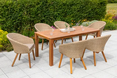 Produktbild von Merxx Gartenmöbelset "Arrone" 7tlg. - Aluminiumgestell mit Kunststoffgeflecht schilf/natur und Akazie, inkl. Kissen - 50438-255