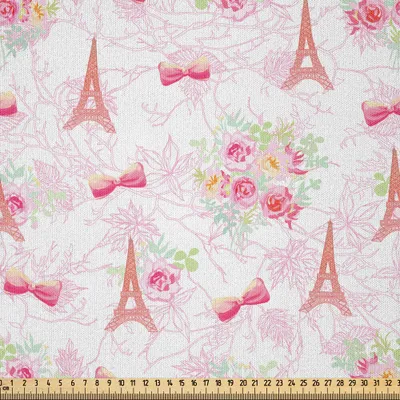 Produktbild von ABAKUHAUS Paris Microfaser Stoff als Meterware , Eiffeltürme und Französische Bouquets Bögen mit romantischen Muster, 10 M (230 x 1000 cm), Hellgrün Blassrosa