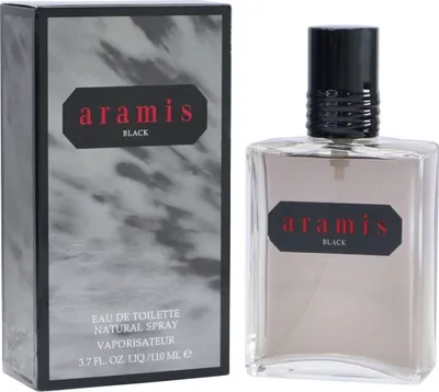 Duft Aramis Black mit rechteckigem Glasflakon und dunkler Box im Marmorlook, modernes Design in Schwarz, Grau und Rot.