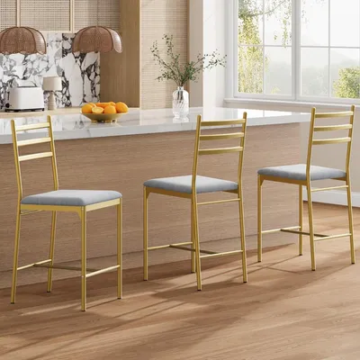 Produktbild von 2er Set Barhocker Gold mit Rückenlehne, Gepolsterte Tresenhocker aus PolyurethanKunstleder mit Metallgestell und Fußstütze