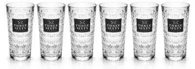 Produktbild von Three Sixty Vodka Longdrinkgläser 6er Set 0,3L geeicht - oben rund, mit Logo, strukturierte Glasoptik