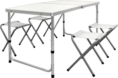 Produktbild von Linder Exclusiv Camping Set – Faltbarer Campingtisch mit 4 Hockern – höhenverstellbar – kompakt & wetterfest - Aluminium – Koffertisch für 4 Personen - Weiss