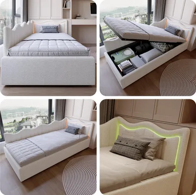 Produktbild von UnboxG Polsterbett 90×200 cm in Weiß, Teddy-Stoff – Kinder- und Schlafsofa mit LED-Beleuchtung, Stauraum und Gasdruckfeder