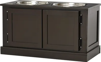 Produktbild von Erhöhter Fressnapf mit Stauraum, 60x30x34 cm, Braun-Silber Futterstation