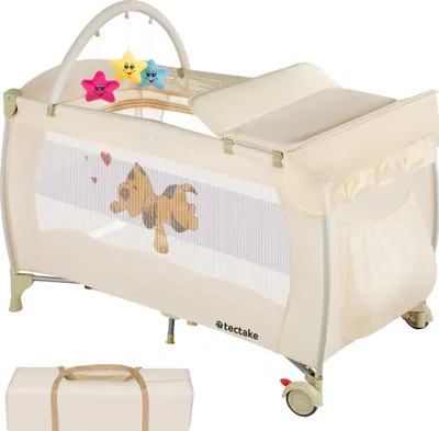 Image de Lit parapluie, Lit bébé pliant, Lit de voyage réglable 132x75x104cm + 1 Sac de Rangement - beige