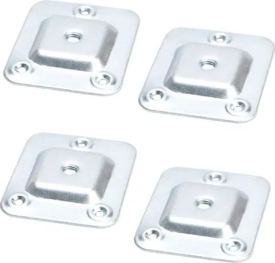 Four metal mounting plates for furniture feet are arranged in a grid on a white background.