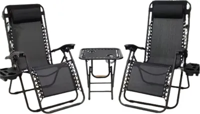 Image de Chaise longue pliante Tavien - Set de 2 chaises longues de jardin avec table - Zero Gravity - Noir - Aluminium - Coussins et porte-gobelet inclus