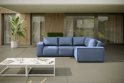 Produktbild von Garten Ecksofa GARDENT wetterfester Stoff NXL Blau kurzer Schenkel Rechts