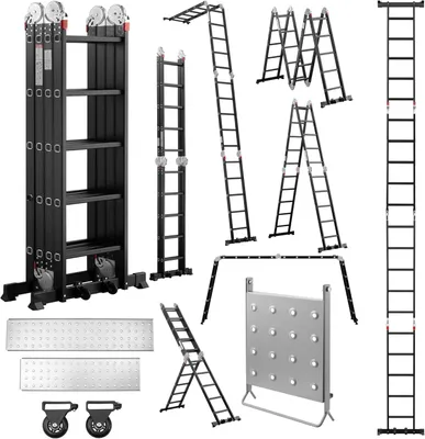 Produktbild von TEENO 7-in-1-Multifunktionsleiter, 5,8 m, 4 x 5 Stufen, Klappleiter aus Aluminium mit 2 Plattformen, Gummifüße, 2 abnehmbare Räder, Arbeitshalterung