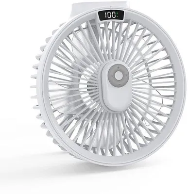 Image de Ventilateur de plafond LED, multifonctionnel, ventilateur de camping USB rechargeable, blanc, pour l'extérieur, fonctionnant sur batterie.