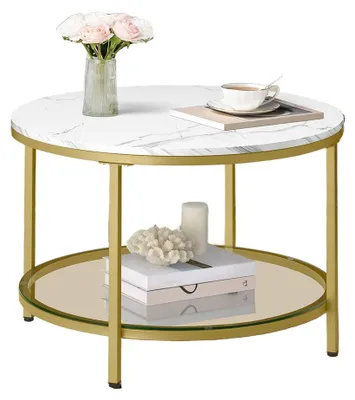Produktbild von Couchtisch in Marmoroptik weiß-gold - Glastisch - verstellbares Untergestell - 65 x 46 cm