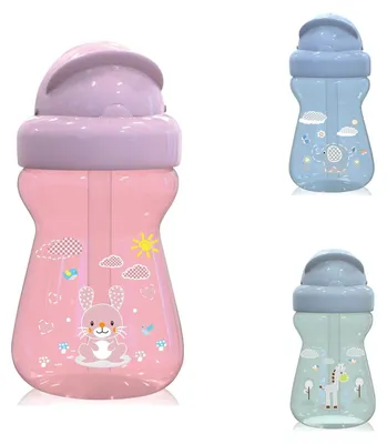 Zdjęcie produktu dla Butelka do picia dla dzieci Baby Care 200 ml sportowy niekapek mini zwierzątka, słomka, różowa pokrywka