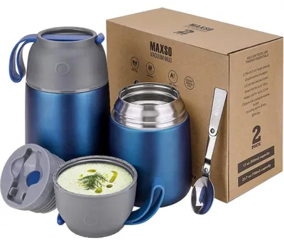 Productafbeelding van Voedselverwarmers voor kinderen, 500 ml en 2 x 700 ml, roestvrij staal, met lepel, set van 2, blauw